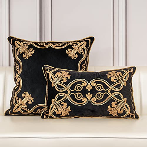 Aeckself 20 X 20 Inch European Cushion Cover Luxury Velvet Home Decorative Embroidered Floral Pillow Case Pillowcase For Sofa Chair Bedroom Living Room, Black And Gold 50 X 50Cm #TOP6