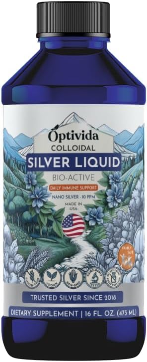 Optivida Colloidal Silver Liquid - 10 PPM Liquid Silver Immune Support Pure Nano Silver Hydrosol Liquid for Family Wellness - Natural Silver Water for Adults & Kids Non-GMO 3rd Party Tested - 16 Oz