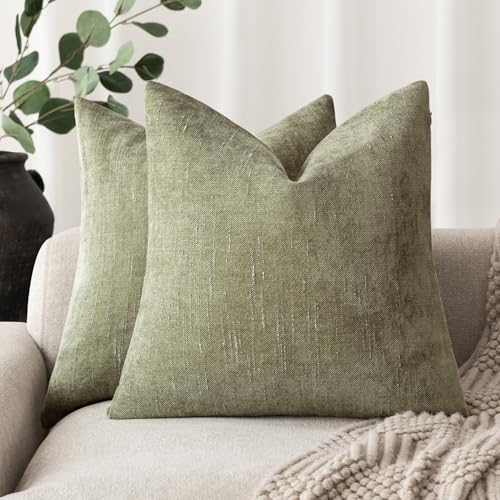 Image of Foindtower Pack of 2 Soft Textured Chenille Throw Decorative Pillow Covers Square Accent Solid Cushion Cover Cozy Neutral Farmhouse Pillow Case for Couch Sofa Bedroom Living Room 16x16 Inch,Sage Green