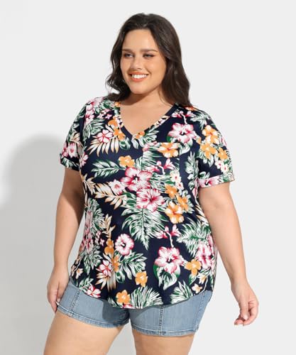 Image of TIYOMI Plus Size Tops for Women V Neck Tshirts Basic Tunic Casual Hawaii Floral Tie Dye Camo Summer Short Sleeve Tee XL-5XL