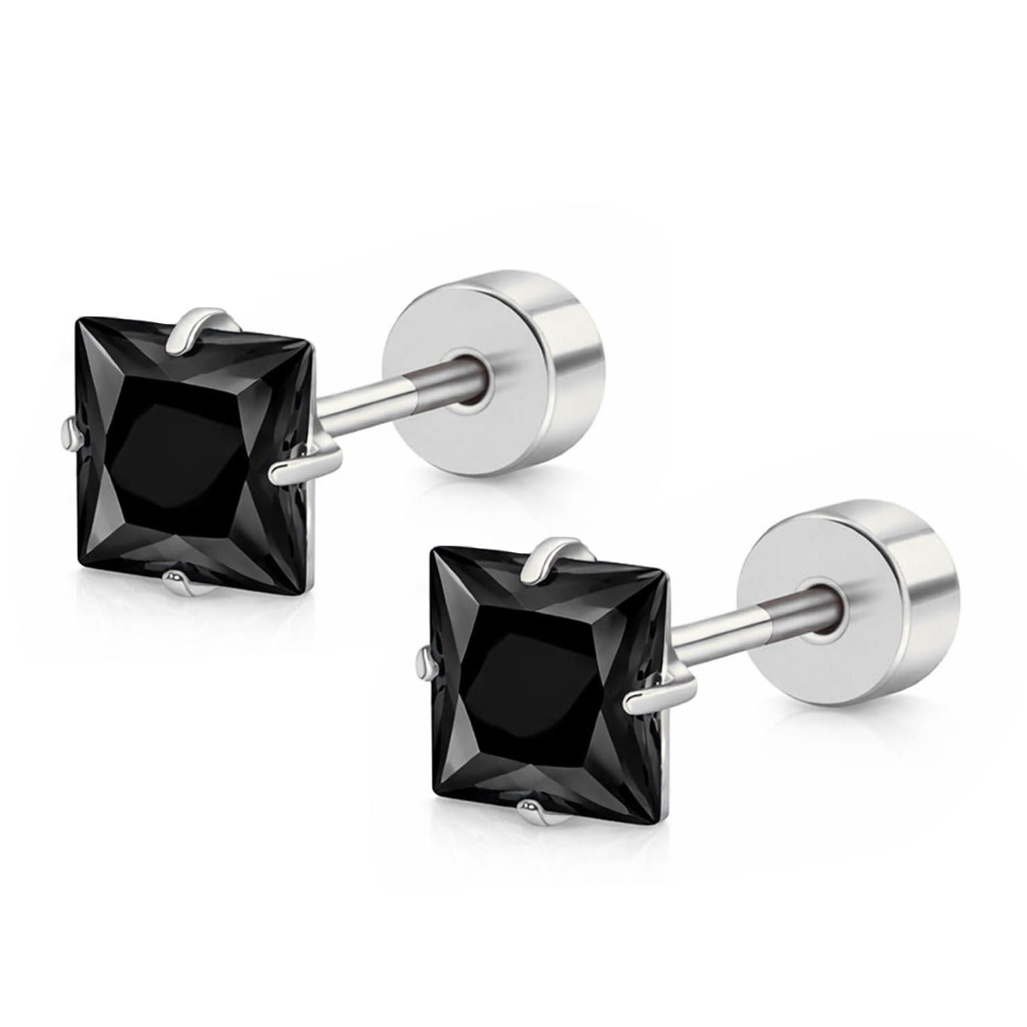 FASHIONS 4mm 18K Silver Plated Anti Tarnish Stainless Steel Square Shape Piercing Black Stone Ear Stud Back Screw Lightweight Hypoallergenic Studs Earrings for Men & Boys-image-36