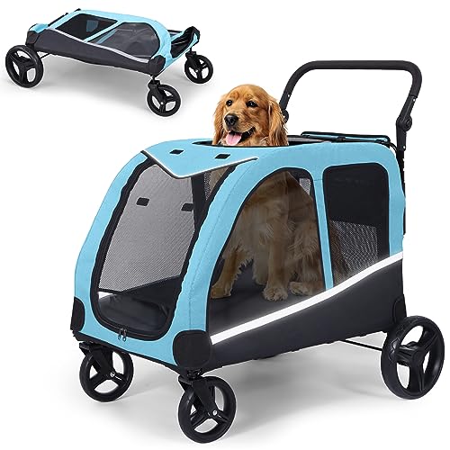 Saudism Dog Stroller for Large Dogs, Extra Large Pet Stroller for Medium Dogs, Dog Wagon Carriage, Foldable Design, Adjustable Handle, with Pocket, Up to 130 lbs, Blue