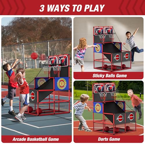 image for HYES 2 in 1 Dual Shot Basketball Arcade Game with 2 Dart Boards/Electr