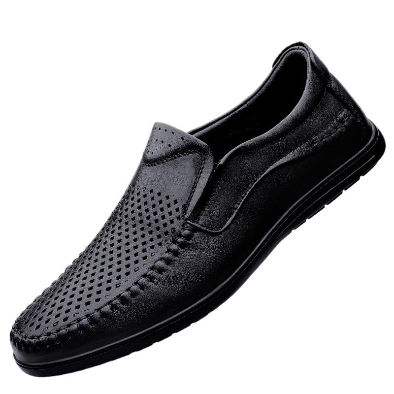 Breathable Slip-On Loafers for Men, Hollow Leather Dress Shoes, Casual Business Flats, Comfortable Outdoor Footwear for Men, Lightweight Slip-On Leather Shoes for Business and Casual Wear