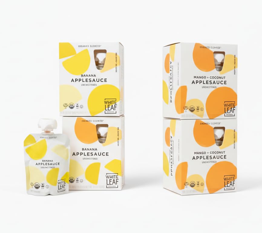 White Leaf Applesauce Variety Pack for Kids – 2 Flavors: Banana and Mango Coconut (16 Pouches)