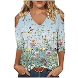 Womens 3/4 Sleeve Cold Shoulder Tops V Neck Vintage Floral Shirts Casual Shirts Dressy Blouse Trendy Tshirts Cute Tees