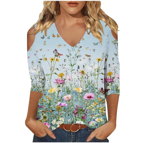 Womens 3/4 Sleeve Cold Shoulder Tops V Neck Vintage Floral Shirts Casual Shirts Dressy Blouse Trendy Tshirts Cute Tees