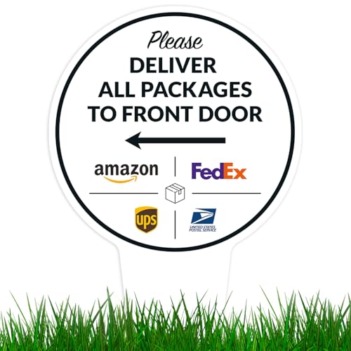 Image of Package Delivery Sign, Delivery Instructions Deliver All Package to Front Door Left Arrow Sign, 9x17 Inches Round Shape, Aluminum Composite Made in USA by Sigo Signs