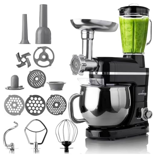 Lehmann Machine de cuisine universelle 3 en 1 | Avec système de battement planétaire | Multifonctionnelle avec hachoir à viande | Presse-agrumes de 1,5 L | Bol en acier inoxydable de 5 L (Noir)