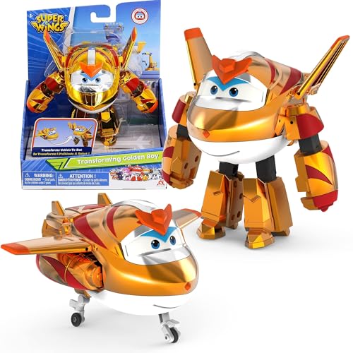Super Wings Transforming Golden Boy, Figurine Transformable d'environ 12.7 cm, Jouet-Avion et Figurine-Robot pour Les 3+ Ans Garçons Filles, Or