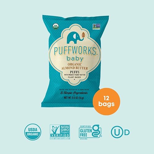 Miniatura 4 de Puffworks Soplos orgánicos de mantequilla de almendras para bebé con mantequilla de maní proteína a base de plantas orgánico USDA sin gluten vegano