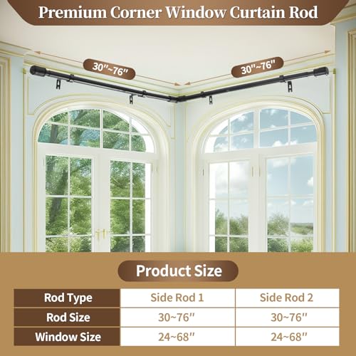 Anndason Heavy Duty 1 Inch Corner Curtain Rods Set 30-76 Inch Curtain Rod for Windows L Shaped Curtain Rods Window Curtain Rods Set (Black)