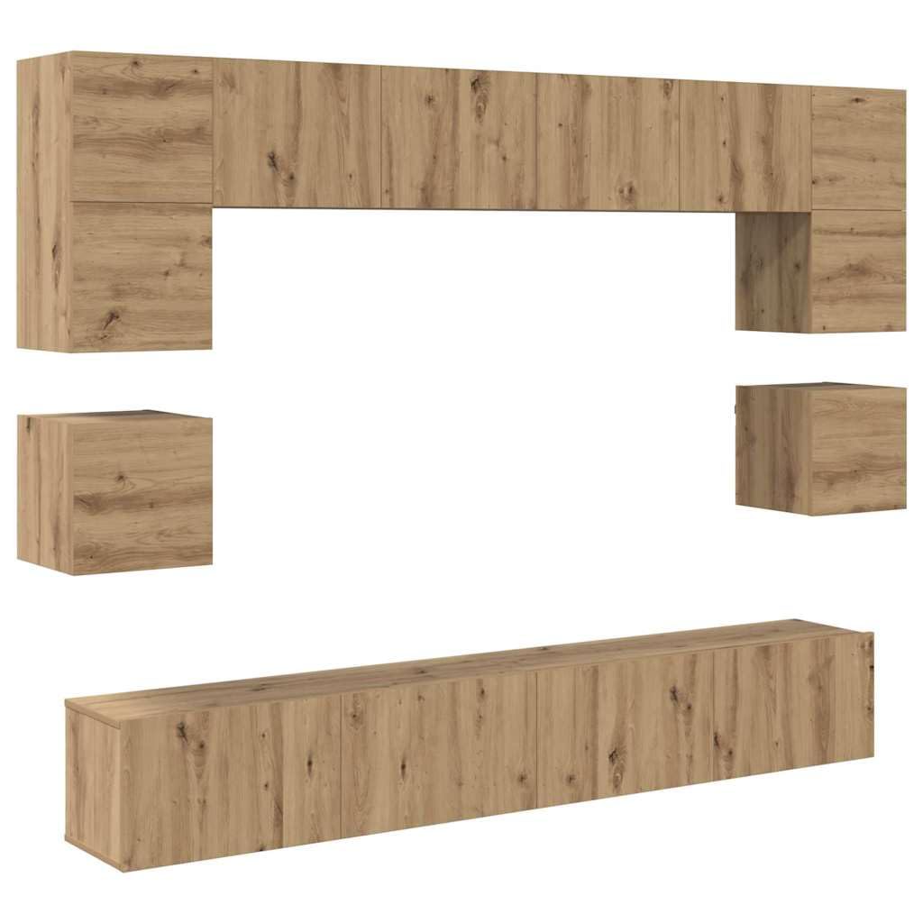 TV-Schrankset Wandmontiert 8-teilig, Artisan-Eiche Holzwerkstoff, Modernes Media-Center für Wohnzimmer, Schlafzimmer, platzsparende TV-Konsole