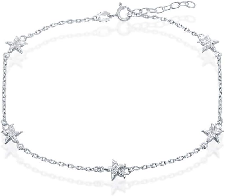Beaux Bijoux 925 Sterling Silver Italian High Polish Rhodium Plated Dolphin/Turtle/Butterfly/Starfish 9+1Nautical Anklet Bracelet Chain Jewelry for Women
