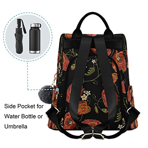 Image of Fustylead Embroidery Red Poppies Backpack Purse for Women Anti-theft Backpack Purse Travel Daypack