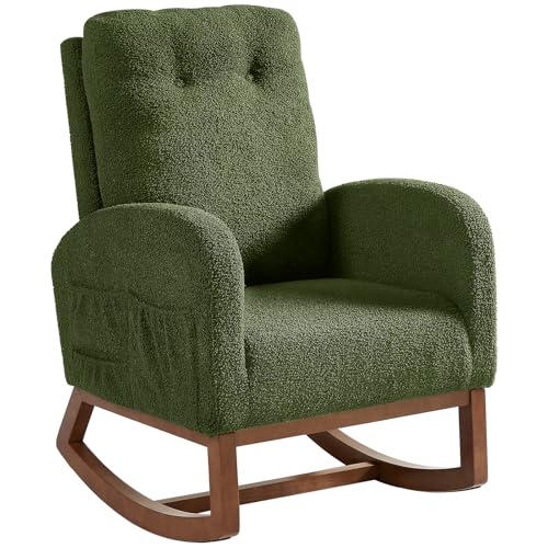 Rocking Chair Nursery, Rocking Chairs with Solid Wood Legs, Teddy Fabric, Glider Chair with Upholstered High Backrest, Nursery Chair for Living Room, Baby Room, Bedroom (Green)