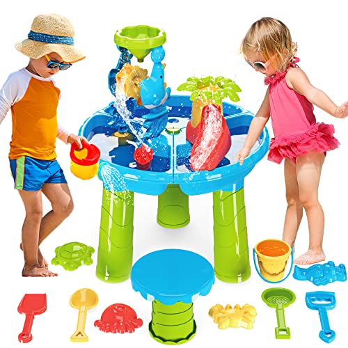 deAO Mesa Arena y Agua para Niños, Azul Mesa Sensorial con Accesorios Palas, Rastrillos, Tolvas, Moldes De Arena, Cubos, Palas Agujereadas, Water Table, Mesas De Juegos Exteriores (Redondeado)
