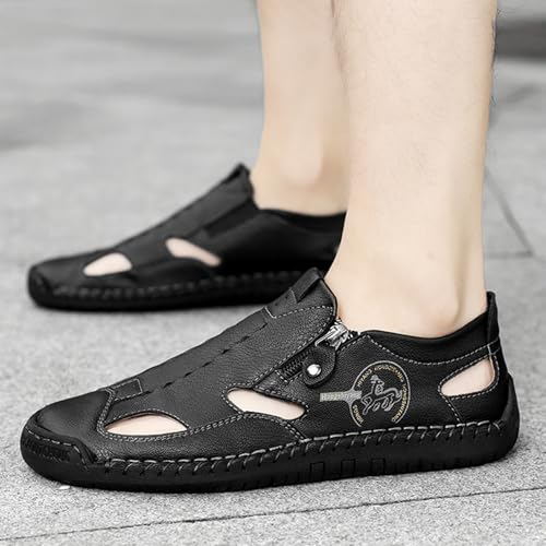 Men's Hand-Stitching Leather Lightweight Summer Slip On Flats Sandals Casual Retro Close Toe Driving Walking Outdoor Beach Shoes4