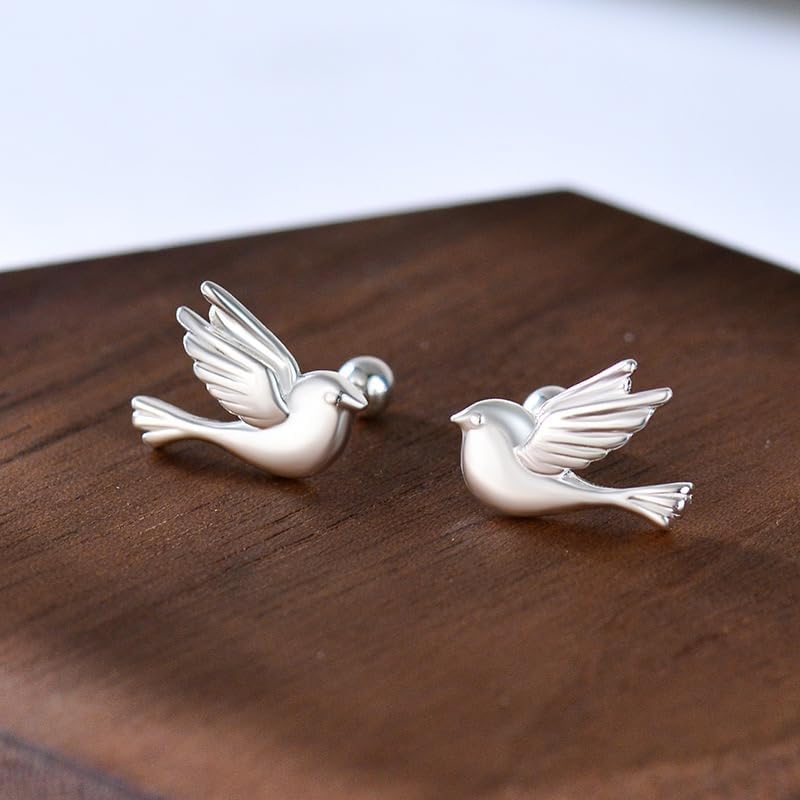 925 Sterling Silver Dove Bird Stud Earrings, Screw Back, High Polish - Image 3