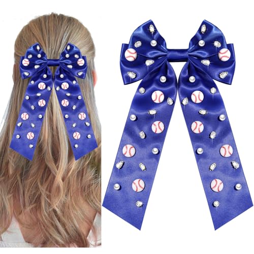 Baseball Hair Bows Accessories for Women Jeweled Rhinestone Large Red Blue Bows Big Softball Hair Ribbon Clips Game Day Hair Bows Baseball Mom Team Hair Accessories Outfits Party Favors (Blue 1) miniatura 1