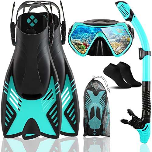 Snorkeling Set For Adults, Diving Snorkel Package With Mask Flippers Snorkel And Dive Socks.360 View Panoramic Diving Mask For Swimming Freediving(Blue) #TOP3