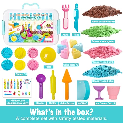 Image of Carolart Cake Sensory Bin, Sand Baking Toys for Kids, Play Cake Sand Kit | Ice cream and dessert sensory play with colorful sensory sand, pretend bakery activity, gift for kids ages 3-8