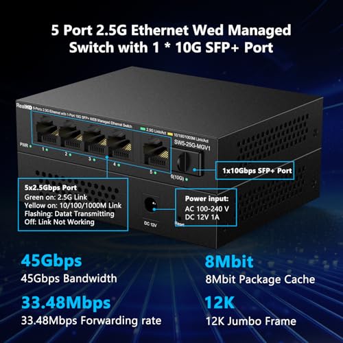 Image of 5 Port 2.5GB Web Managed Ethernet Network Switch | 5 x 2.5 Gigabit | 1 x 10Gb SFP+ | Multigig Switch 10-100-1000Mbps | 45G Bandwidth | Fanless Metal Internet Switch