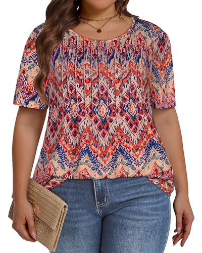 Image of Plus Size Tops for Women Pleated Summer Top Trendy Short Sleeve Shirts Casual Basic Tee Crew Neck Blouses 2026