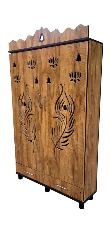 Image of 6 x 4 ft Wooden Pooja Mandir with Kalasam | Temple for Home & Office | Wall Mount Pooja Stand | 36 inch L x 72 inch H x 12 inch D | Teakwood Finish