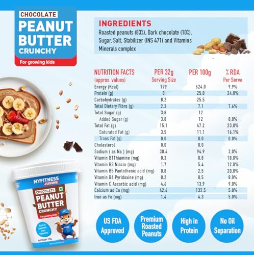 Image of MYFITNESS Peanut Butter Junior Chocolate Spread Crunchy 510g | Specially Made for Kids & Teens | Rich in Calcium, Iron, Vitamins & Minerals | Healthier Choco Spread for Breakfast, Snacks & Lunch Box