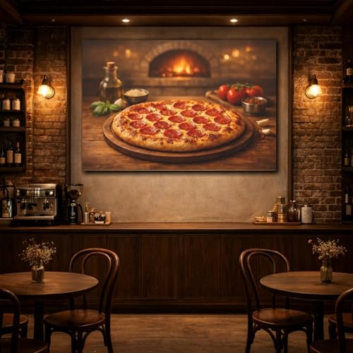 Tableau cuisine pizza pepperoni vintage art mural rustique horizontal