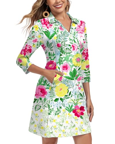 Image of WOWENY 3 /4 Sleeve Dress for Women with Pockets V Neck UPF 50+ Casual Sun Dress Breathable Quick Dry Beach Vacation
