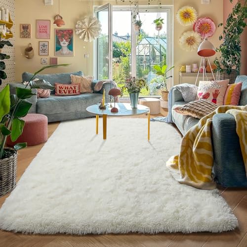 Amdrebio Ivory White Rugs for Bedroom Living Room, Soft Indoor Modern Area Rug 4x6 for Kids Room, Cute Fluffy Thick Fuzzy Carpet for Nursery Dorm, Home Decor, Furry Cream Rugs for Baby Teen Girls Boys
