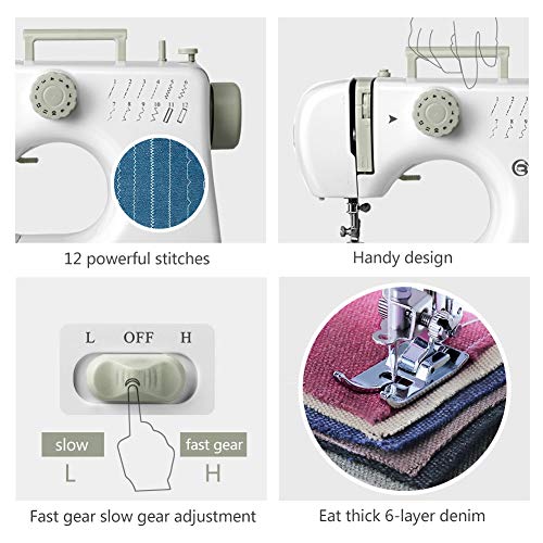 Bruvoalon Sewing Machine, Portable Mini Crafting Mending Machine Household, 12 Built-in Stitches, 2 Speeds Double Thread, Foot Pedal, Accessory Kit for Clothing, Beginners, DIY (Gray)