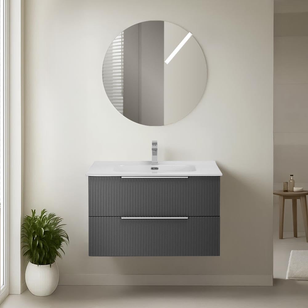Inbagno Mobile Bagno Sospeso L 80 Cm – Grigio Cannettato E Profili Neri – Con 2 Cassetti Soft Close, Lavabo E Specchio Tondo - Linea Zena