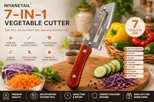 Image of Stainless Steel Vegetable Peeler with Wooden Handle & Bottle Opener | Sharp Single Blade Peeler for Fruits & Vegetables (7 in 1 Vegetable Peeler)