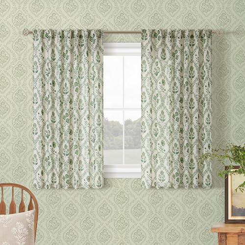 Image of Olive Green Floral Short Linen Curtains 45 Inch Length for Kitchen Back Tab | Rod Pocket, Farmhouse, Light Filtering, Leaf Patterned, Flower Print, Cafe Curtain Panel, Vintage Farmhouse Decor