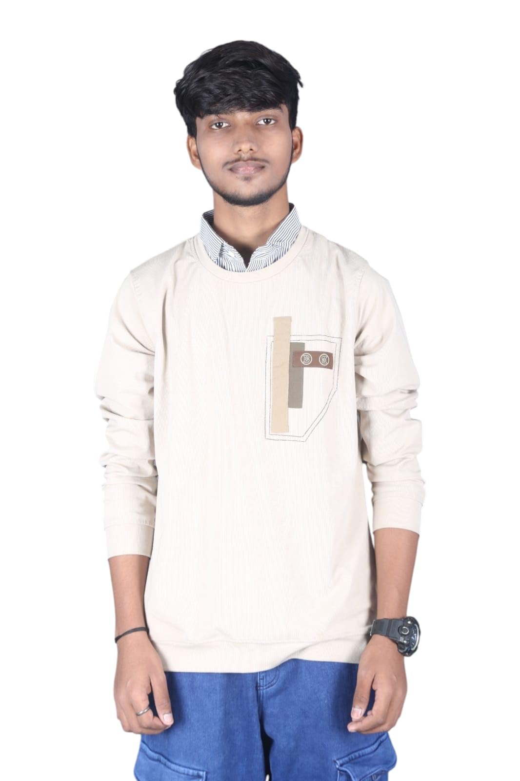 buy Mens Crew Neck Sweatshirt with Pockets Detailing and Striped Pocket Square-image-0