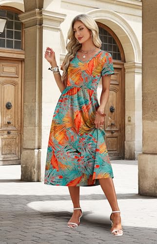 Image of OFEEFAN Summer Dresses for Women Flowy Casual A-Line Midi Dress Beach Vacation Sundresses with Pockets S-2XL