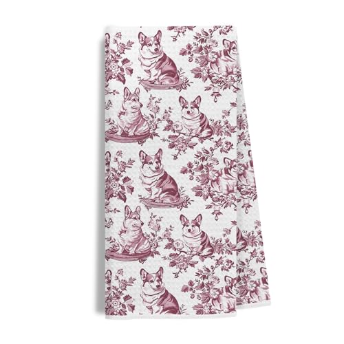 Image of Chinoiserie Corgi Dog Kitchen Towels, Gifts for Corgi Lovers Dish Tea Towels for Kitchen Decor, Grandmillennial Toile de Jouy Dog Decorative Hand Towels for Bathroom, 16x24 Inch(Red)
