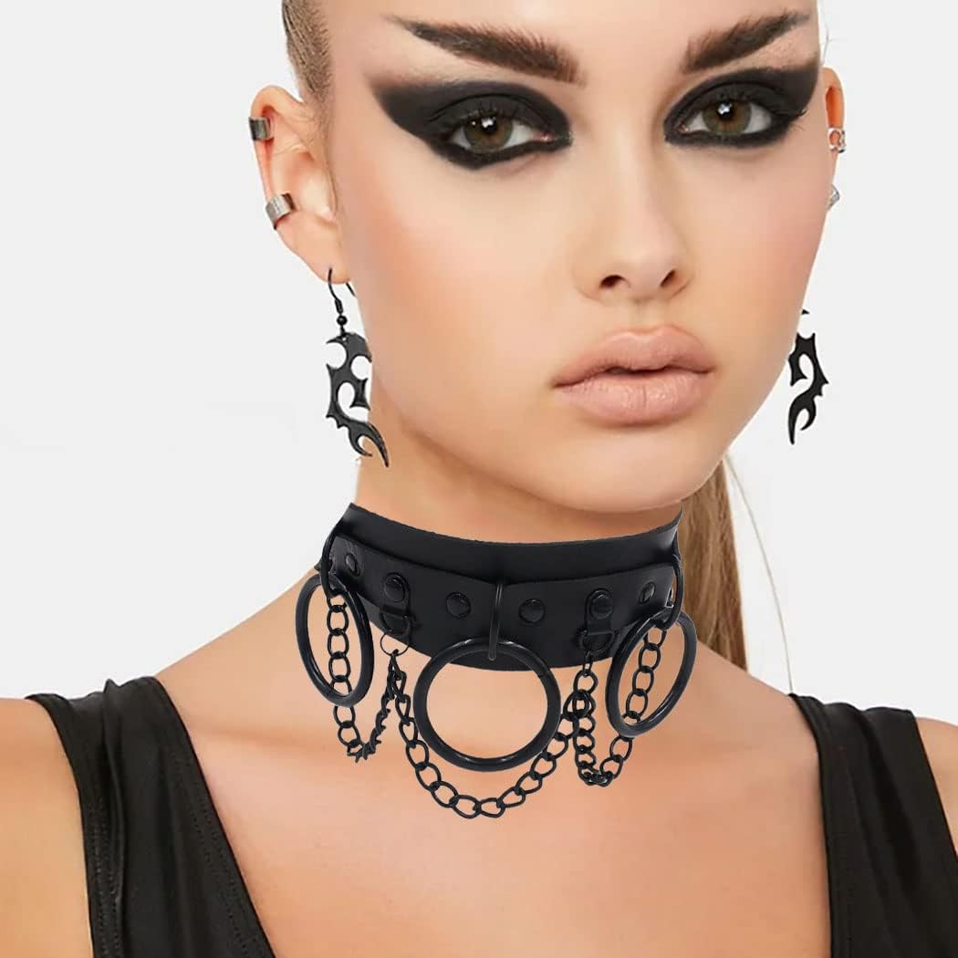 Gothic Leather Choker Punk Choker Collar Harness Necklace Big Rings Chain Chokers Rock Nightclub Rave Party Necklace for Women - Image 4