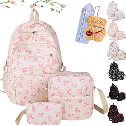 Bow Backpack For Girls, 2025 New 3pcs Set Aesthetic Daypack Bow Rucksack, Lightweight Backpack Set Large Capacity (A)