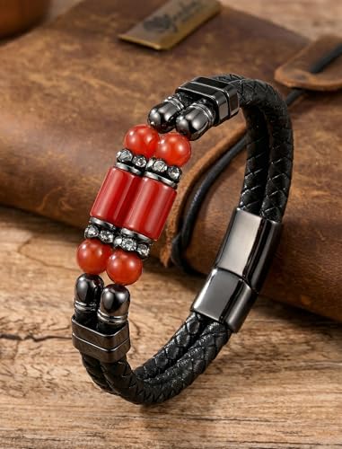 Pulsera de cuero para hombre con piedras naturales ajustable miniatura 3