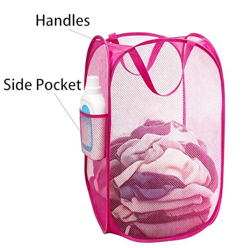 Image of Larpur Popup Laundry Basket, Collapsible Portable Mesh Clothes Washing Laundry Hamper with Reinforced Carry Handles (Pink)