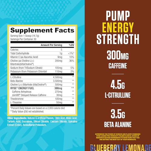 Image of RYSE Loaded Pre Workout Powder - Country Time Blueberry Lemonade - Daily Pre-Workout for Men & Women with 300mg Caffeine, Beta Alanine, and Citrulline for Pump, Focus, and Energy - 30 Servings