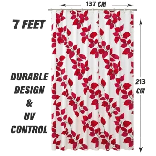Image of Shower Curtain 7 Feet | Waterproof PVC Printed Bathroom Curtain with 8 Rings | Transparent Stone Print Bathtub Curtain | Extra Long Bathroom Liner, Waterproof & Easy to Clean (Red Leaf,Pack Of 1)