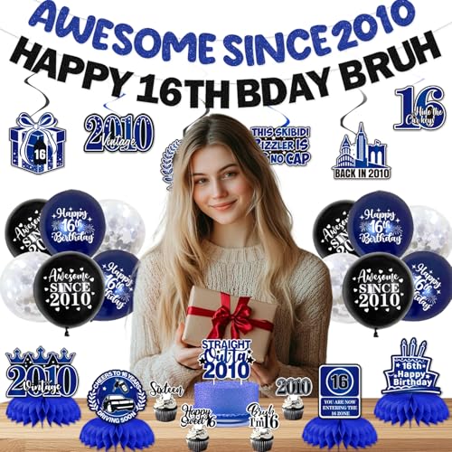 Image of 16th Birthday Decorations Boys Girls, Blue Happy 16th Birthday Party Decorations, Pre-Strung Awesome Since 2010 & Happy 16th Bday Bruh Banner, Balloon, Hanging Swirl, Cake Topper, Bday Sash Honeycomb