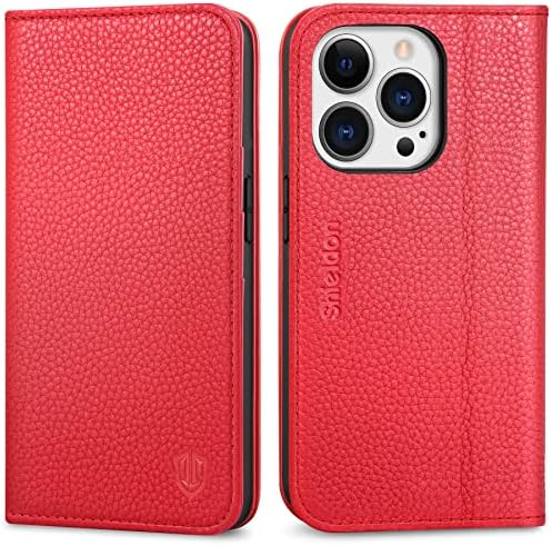 SHIELDON Wallet Case for iPhone 14 Pro 5G, Genuine Leather Folio with [Magnetic][Kickstand][RFID Blocking][Card Slots] Shockproof Book Flip Stand Case Compatible with iPhone 14 Pro 6.1", Navy Blue