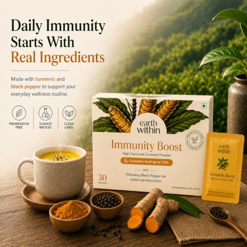 Image of Immunity Boost Turmeric Curcumin Drink Mix with Tellicherry Black Pepper, 30 Sachets | Up to 7.5% Natural Curcumin | Anti Inflammatory Supplement for Daily Immunity & Joint Support | No Preservatives