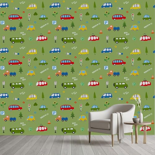 Papier Peint Panoramique Voitures Dessin Animé 430x300 cm Papier Peint Intissé Cars Transport Coloré, Tapisserie Geant Poster Arbre Vert pour Salon Chambre...